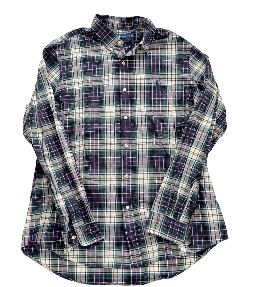 Ralph Lauren Polo Logo Mens Plaid Long Sleeve Shirt XL Classic Fit Preppy EUC